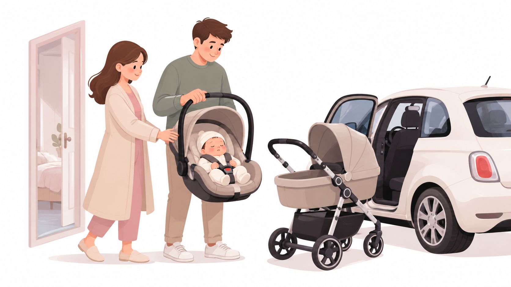 Des parents heureux s'apprêtent à installer leur bébé dans un siège auto près d'une poussette et voiture.
