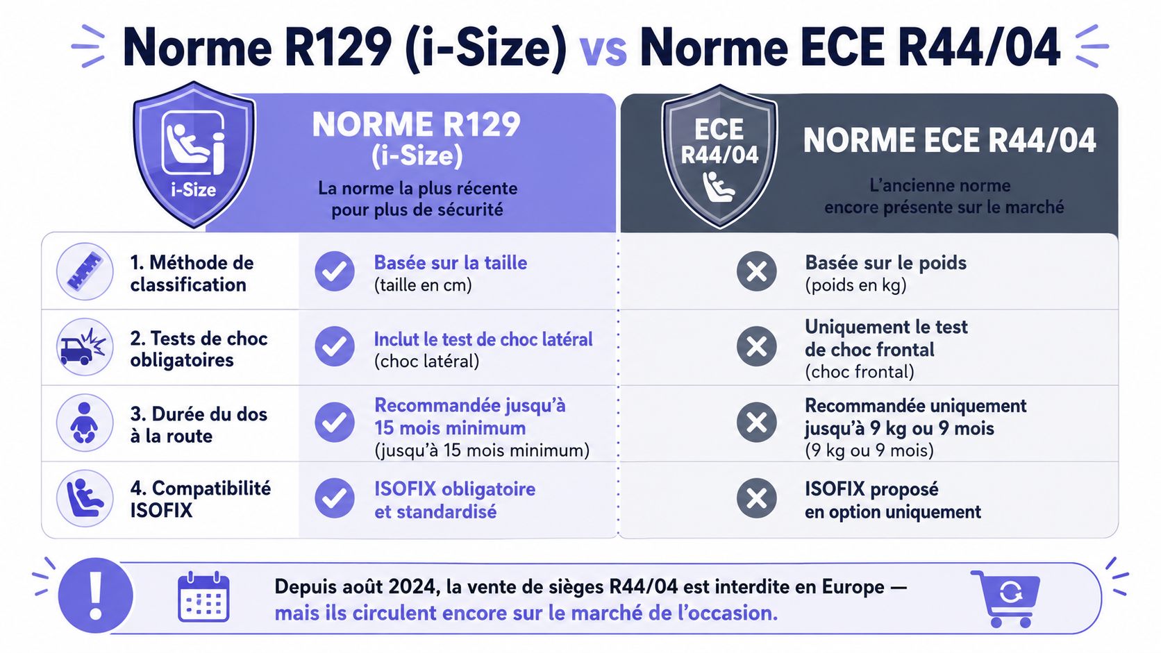 Comparaison entre les normes de sécurité pour sièges auto R129 i-Size et ECE R44/04 en Europe.