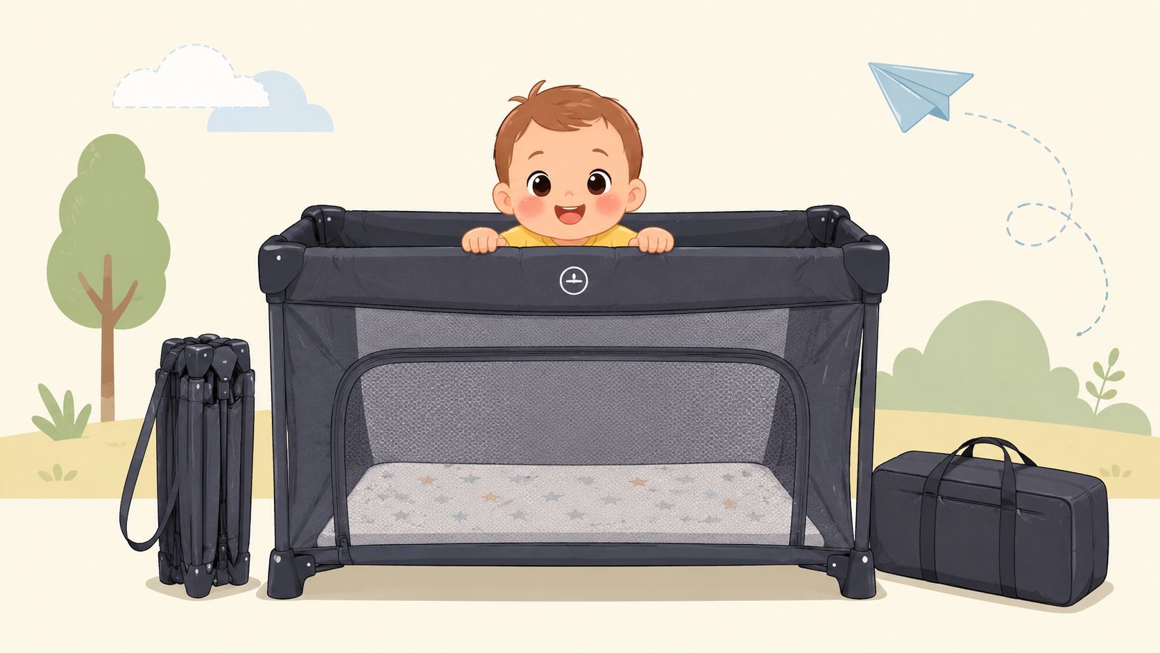 Un bébé joyeux sourit dans son lit parapluie gris et pratique avec son sac de rangement à côté.