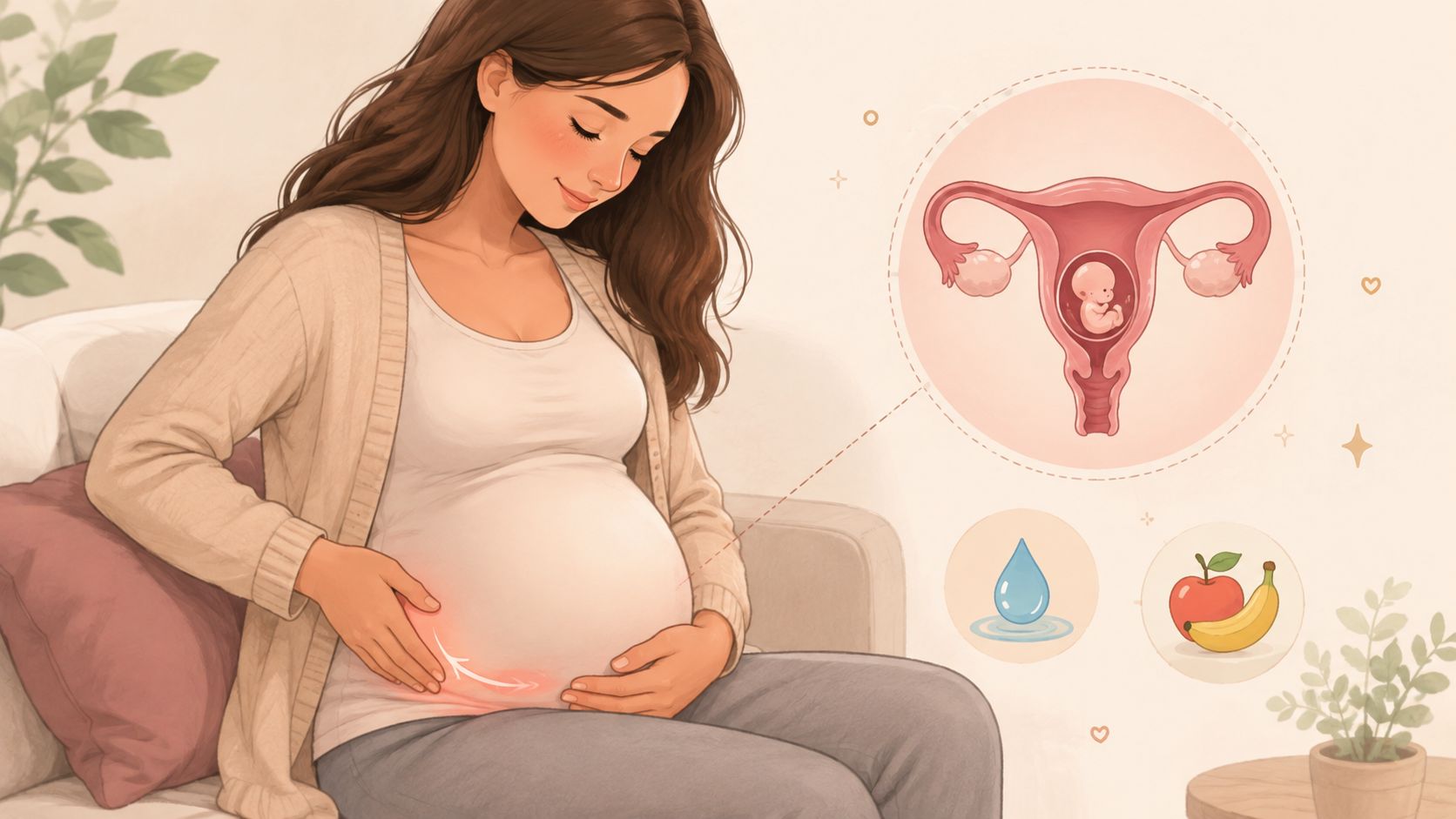 Une femme enceinte assise sur un canapé ressentant une douleur abdominale illustrée par un schéma du fœtus.
