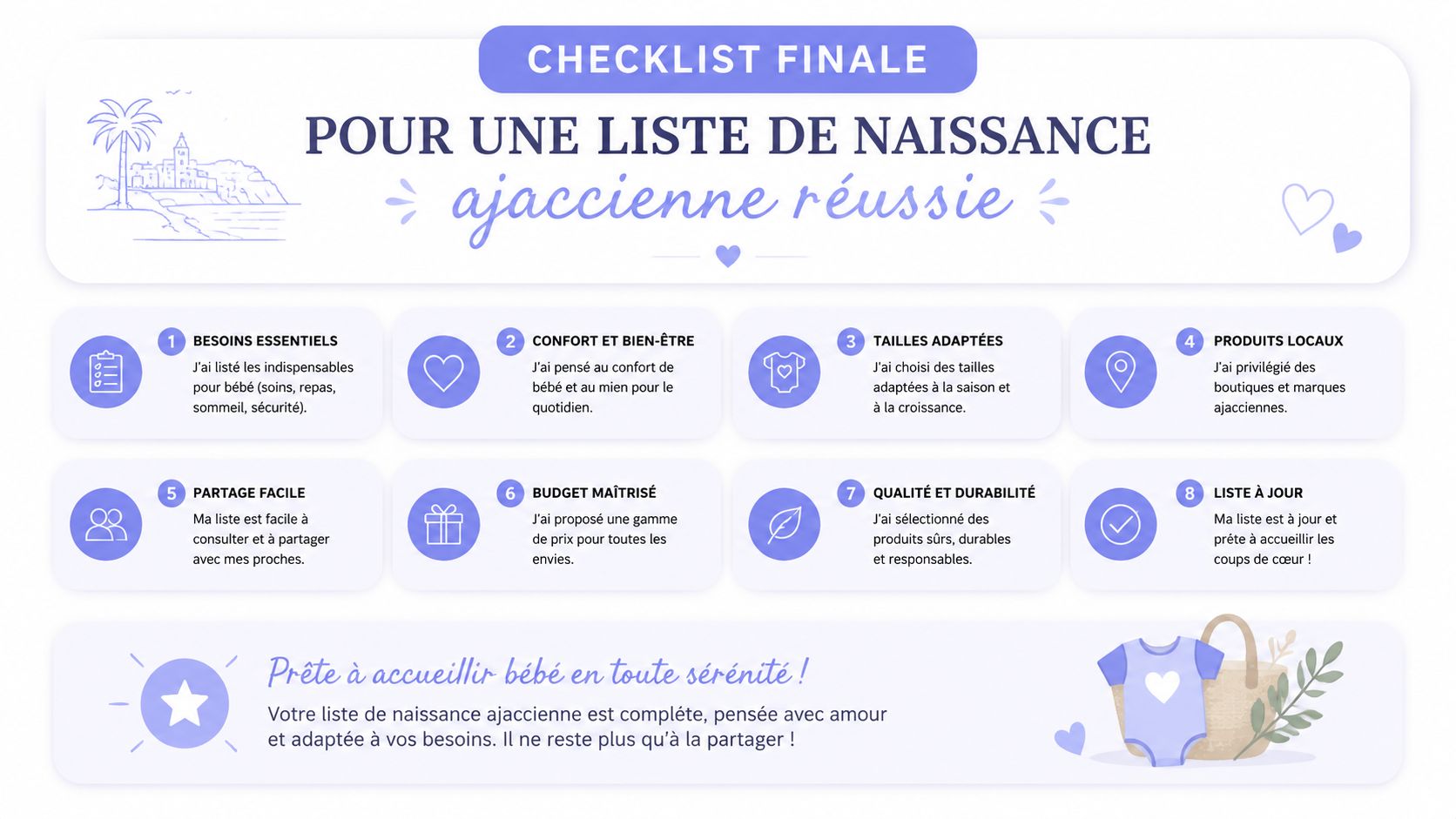 Une checklist illustrée pour créer une liste de naissance complète à Ajaccio, avec huit conseils pratiques essentiels.