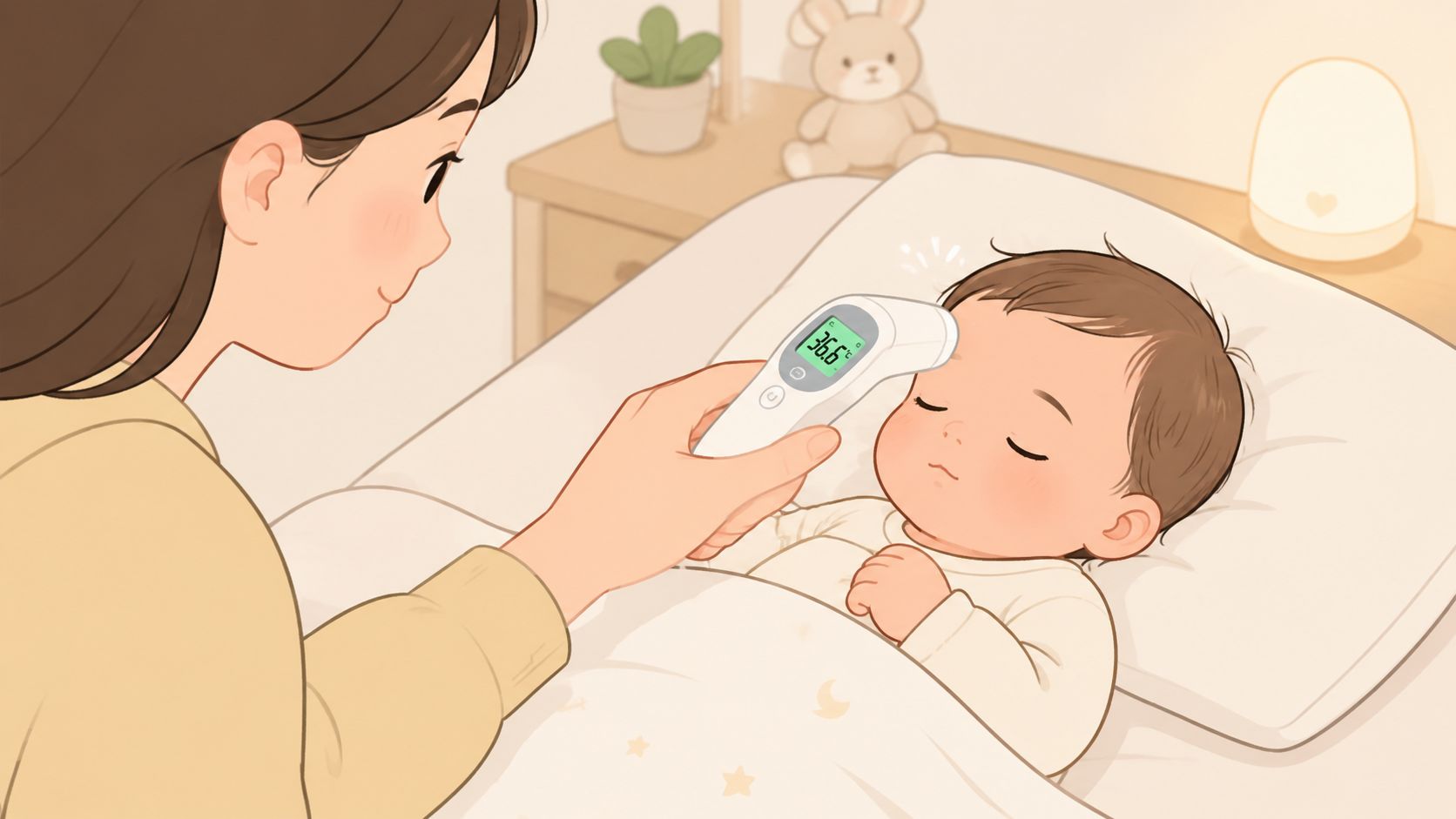 Une mère vérifie doucement la température de son bébé endormi avec un thermomètre infrarouge sans contact