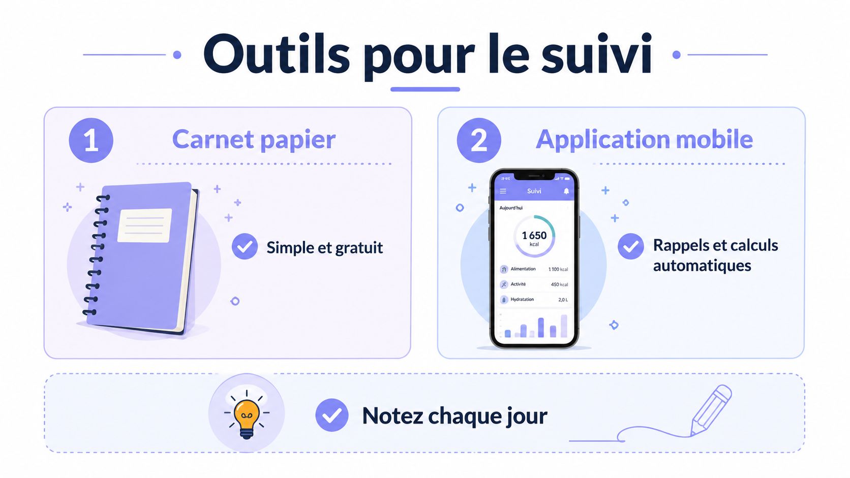 Une infographie comparant un carnet papier et une application mobile pour le suivi quotidien des habitudes personnelles.
